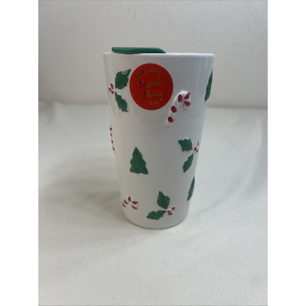 New Sunday Morning Ceramics Travel Mug 18oz Hand Painted Christmas Candy Cane